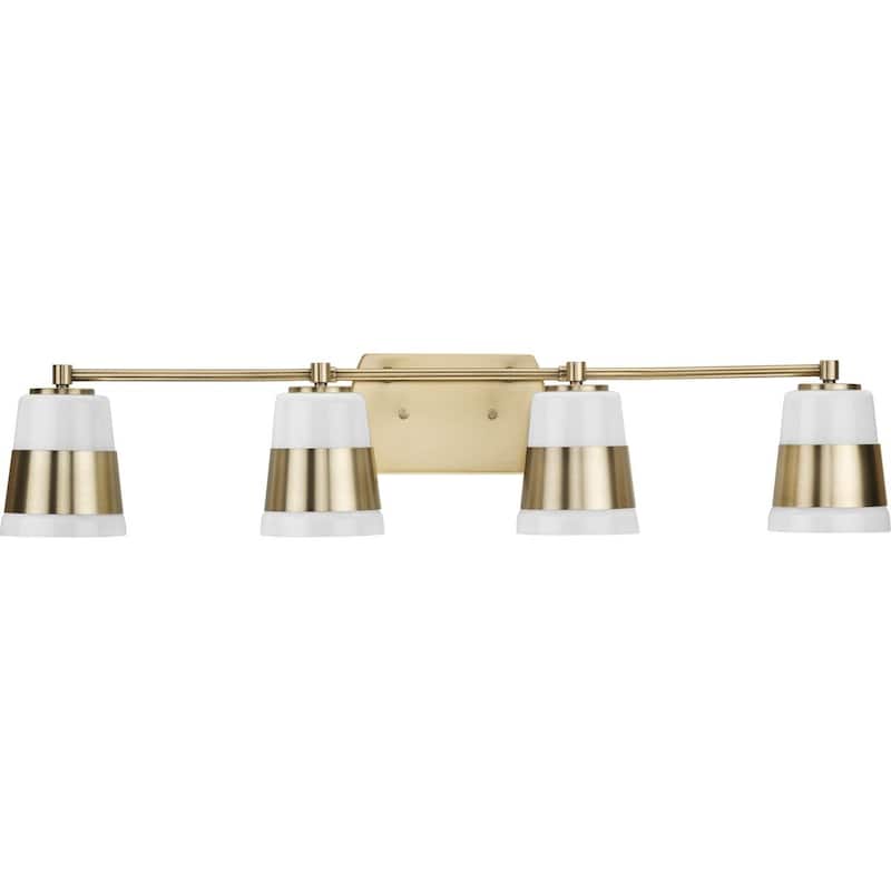 Haven Collection Four-Light Vintage Brass Opal Glass Luxe Industrial Bath Light - 34 in x 6.75 in x 7 in