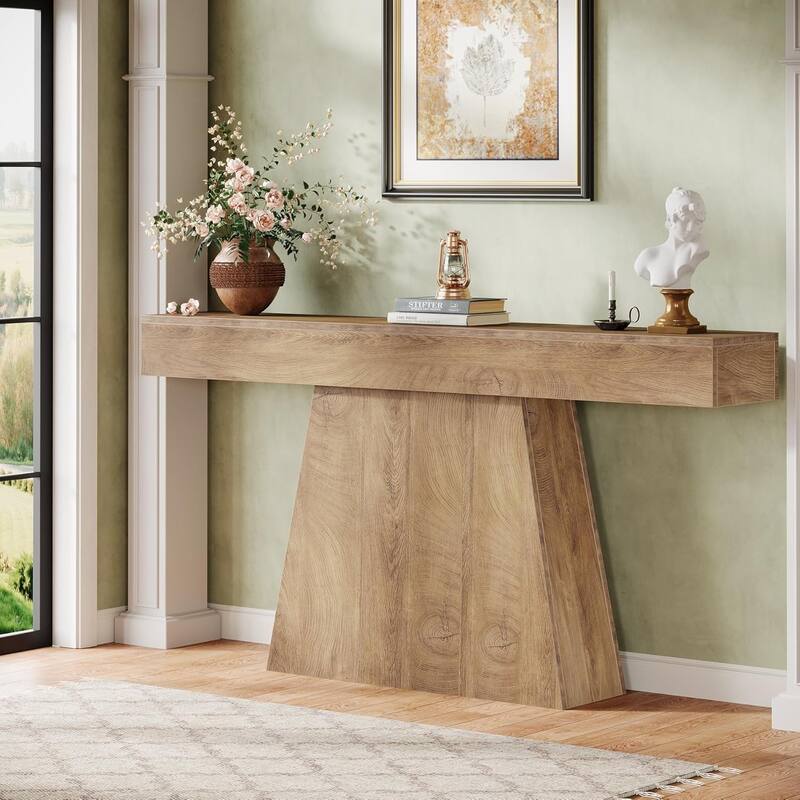 63" Narrow Long Console Table, Farmhouse Entryway Table with Trapezoidal Base - 63" L x 11.6" W x 35.4" H