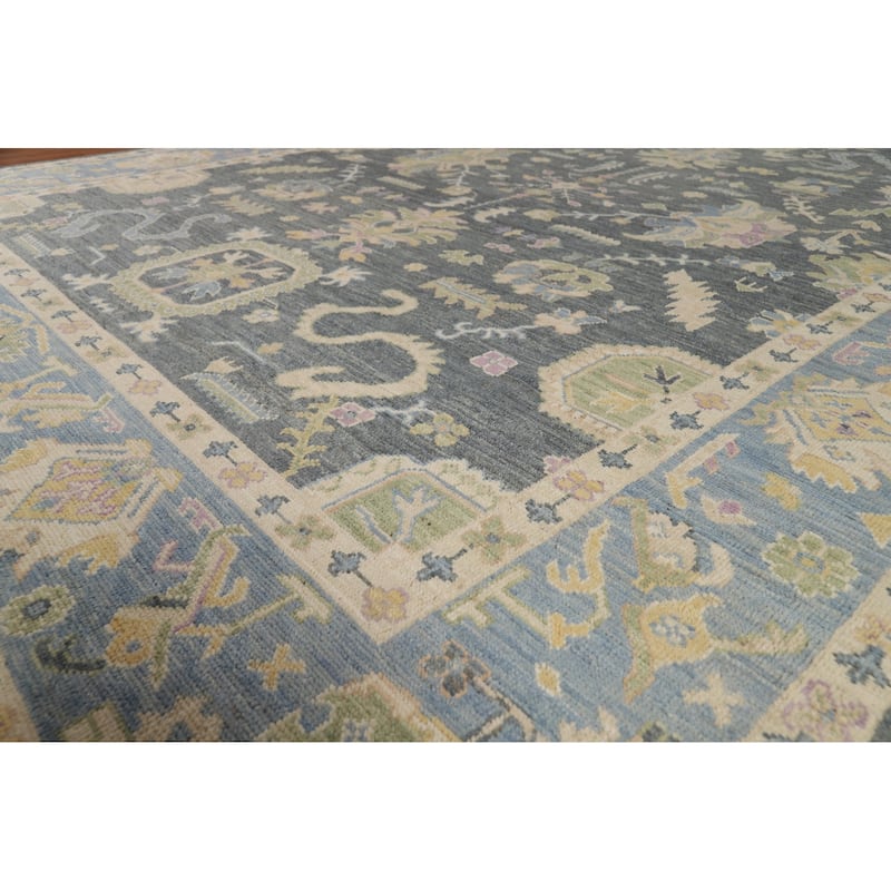 Vegetable Dye Floral Oushak Turkish Rug Hand-Knotted Grey Wool Carpet - 8'10" x 11'9"