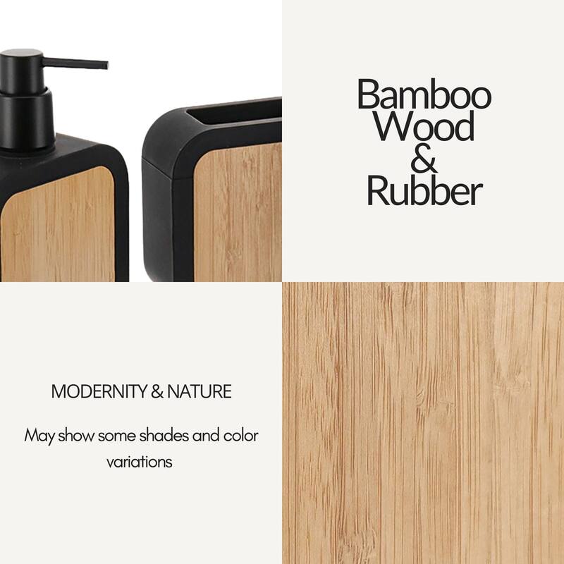 4-Piece Bathroom Accessory Set Rubber and Wood - 4 L x 3.9 W x 15.2 H