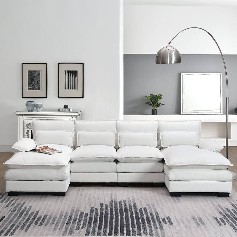 6-seat U-shaped Sectional Sofa, Sleeper Sectional with Waist Pillows for Living Room, Apartment - White