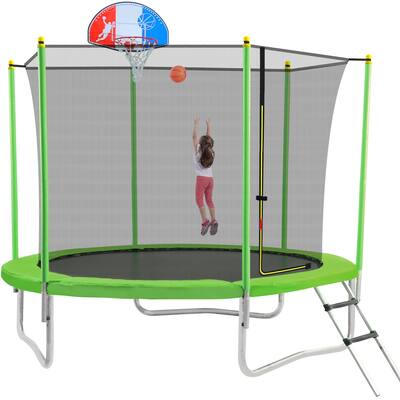 10FT Trampoline for Kids, with Safety Enclosure Net, Basketball Hoop and Ladder, Green