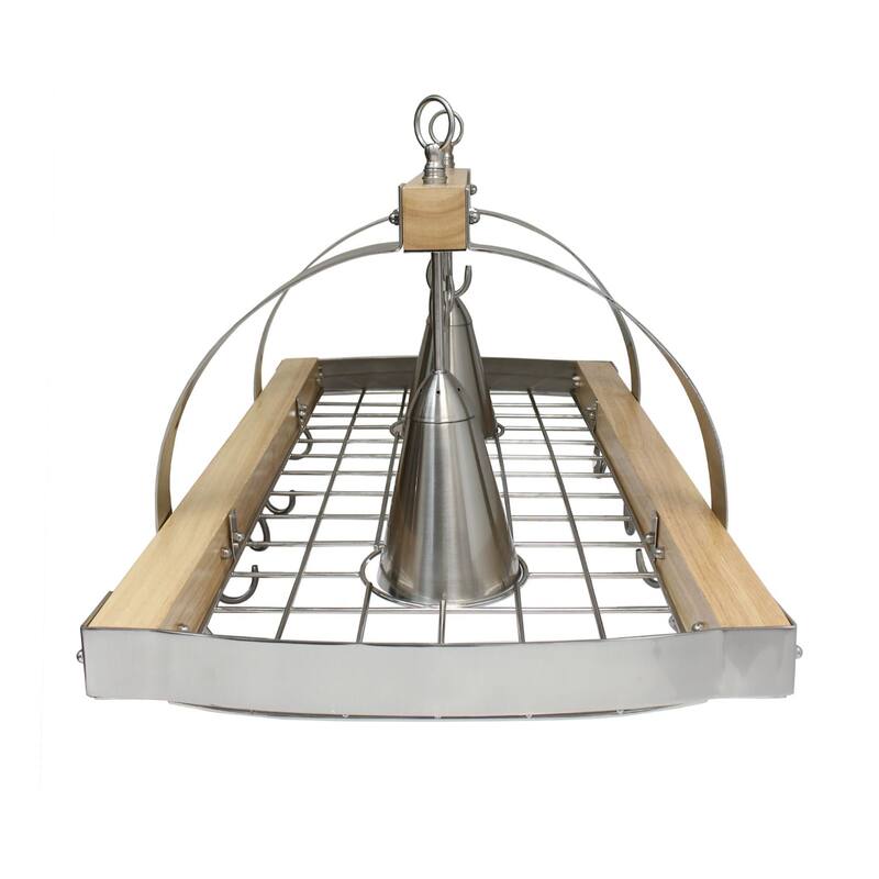2-Light Wooden Kitchen Pot Rack with Downlights - 36.25" - Brushed Nickel