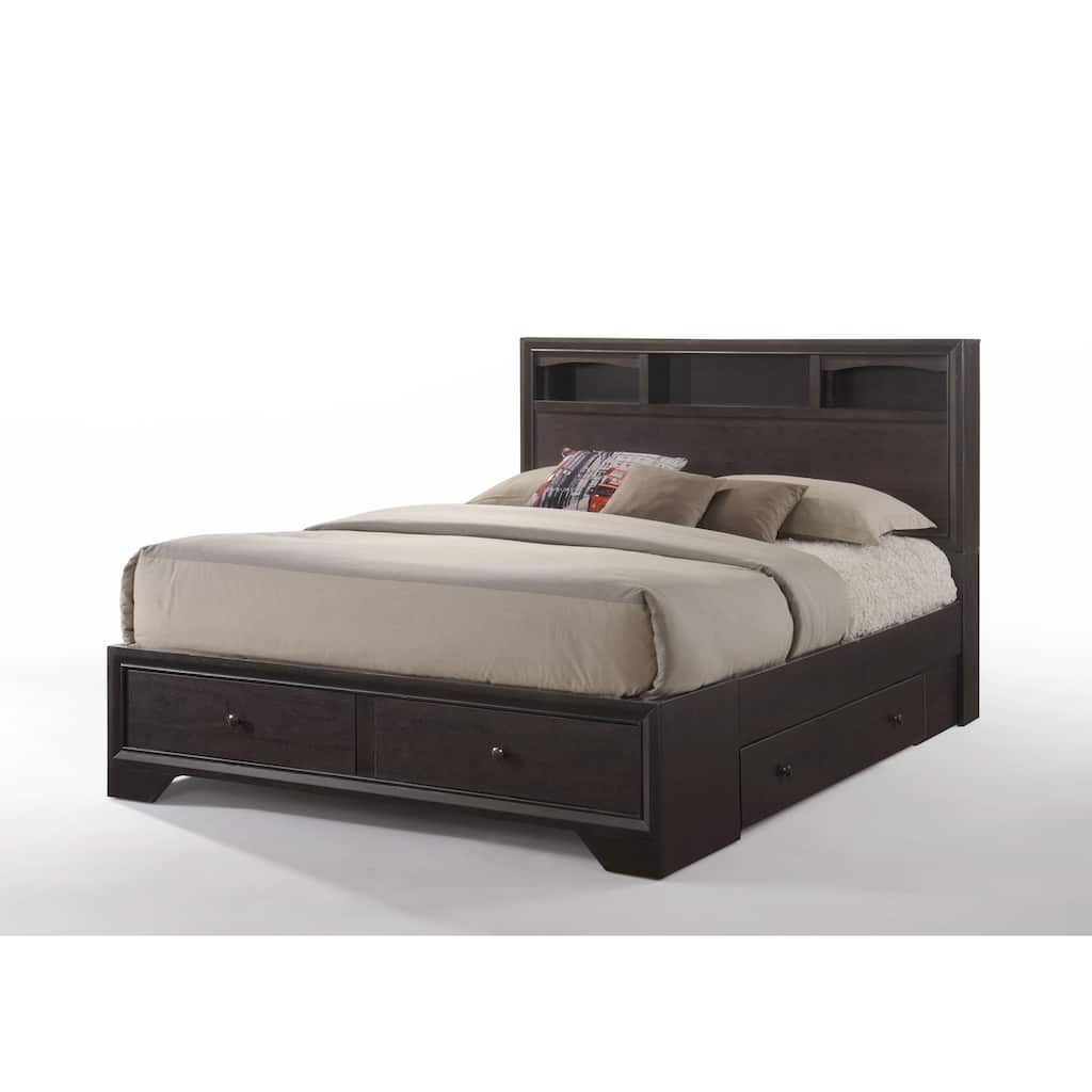 Espresso Finish Queen Bed with Bookcase Headboard and 4 Storage Drawers