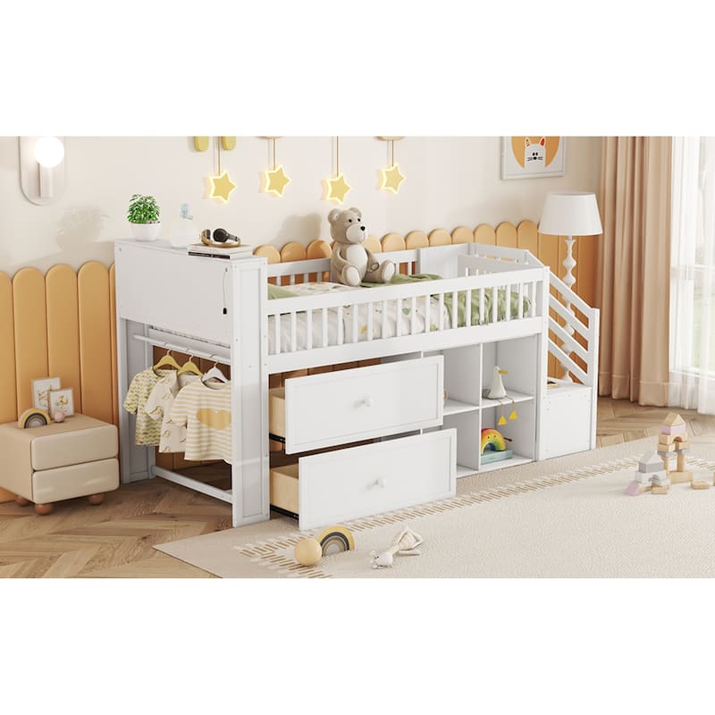 Roomfitters Twin Low Loft Platform Bed, LED Bookshelf and Storage Drawers with Wooden Frame for Bedroom or Guest Room, White