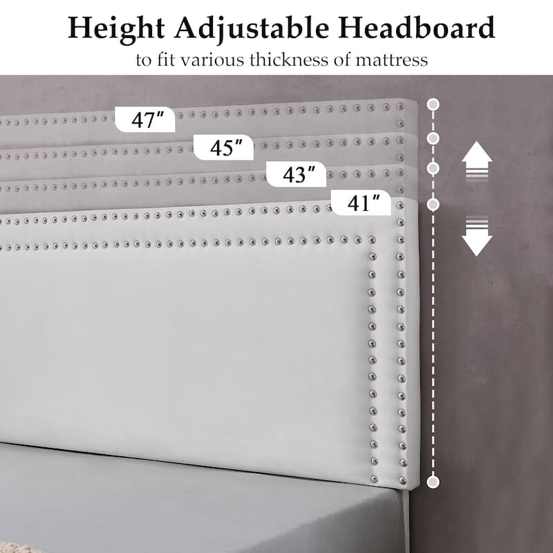 VECELO White 4 Piece Bedroom Set Upholstered Height-Adjustable Bed Nightstand Standing Jewelry Cabinet