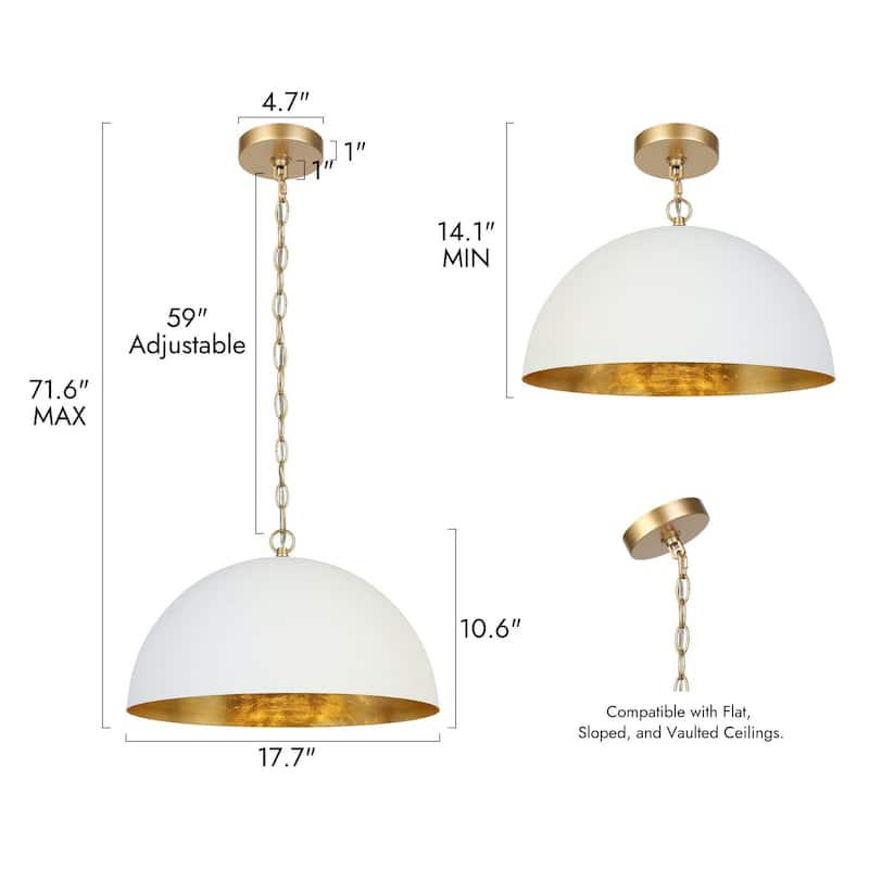 Modern 1-Light White Gold Pendant Light Fixture With Bowl-Shape for Dining Room - Small-17.7"D