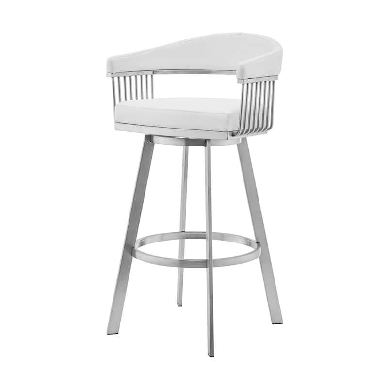25-Inch White Faux Leather Swivel Bar Chair with Brushed Iron Frame Arms and Footrest for Kitchen Island - 34"H x 22"W x 21"D