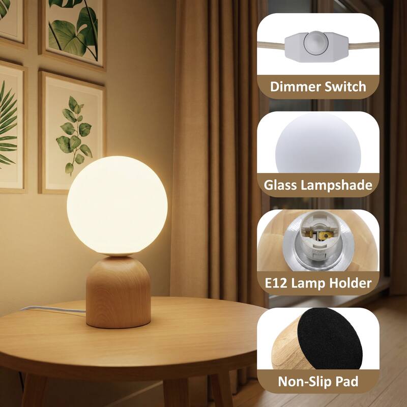 9.84'' Modern Opal Glass Globe Table Lamp with Solid Rubber Wood Base, Rotary Dimmer Switch (Bulb Not Included)