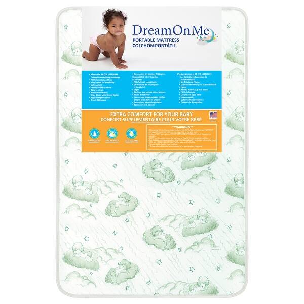 slide 2 of 3, Dream on Me Evenflo Baby Suite Selection 100 3-inch Innerspring Mattress with Square Corner - Green Cloud Green Cloud - Vinyl