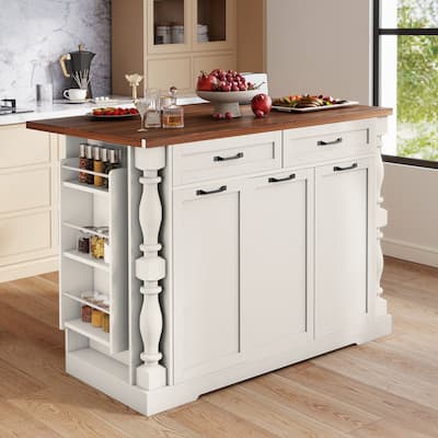 Mobile Kitchen Island with Drop Leaf Table Power Outlet and Pull-Out Trash Can for Space-Saving Storage