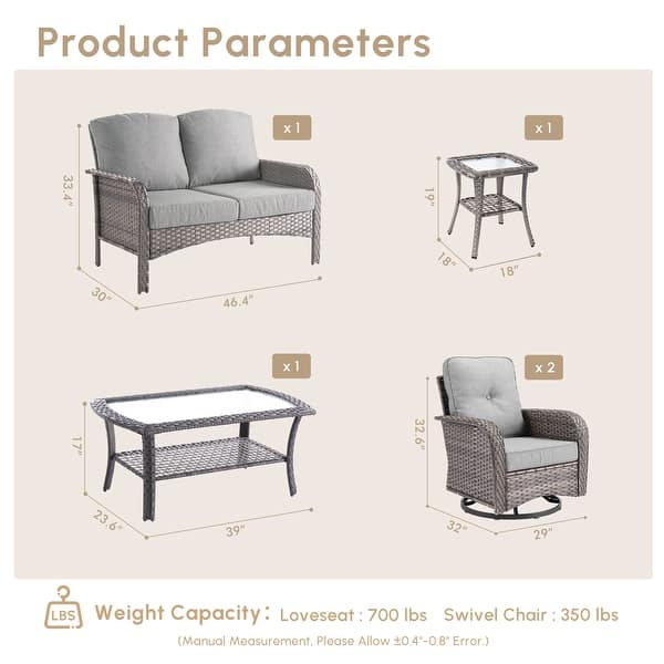 dimension image slide 2 of 4, HOOOWOOO 5-piece Grey Wicker Chat Set Patio Conversation Set with Swivel Chairs