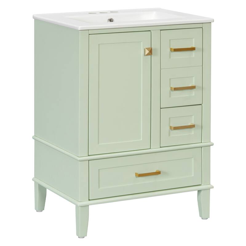 GDFStudio - Yuma Space Saving Minimalist Freestanding Bathroom Vanity Cabinet with Ceramic Sink and Soft Close Storage
