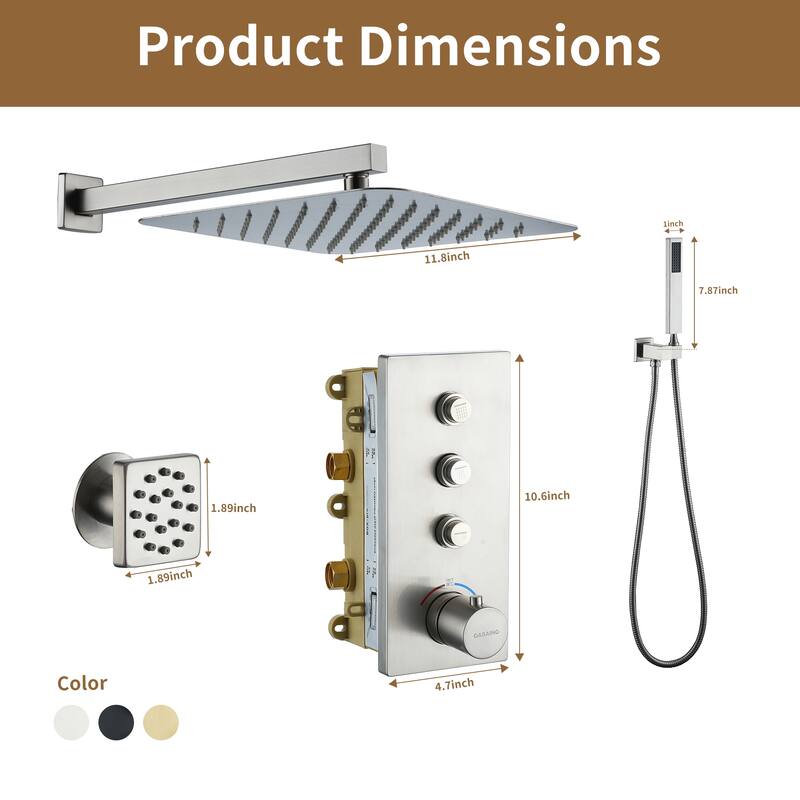 3 Functions 12 Inch Wall Mount Thermostatic Shower System in Brushed Nickel
