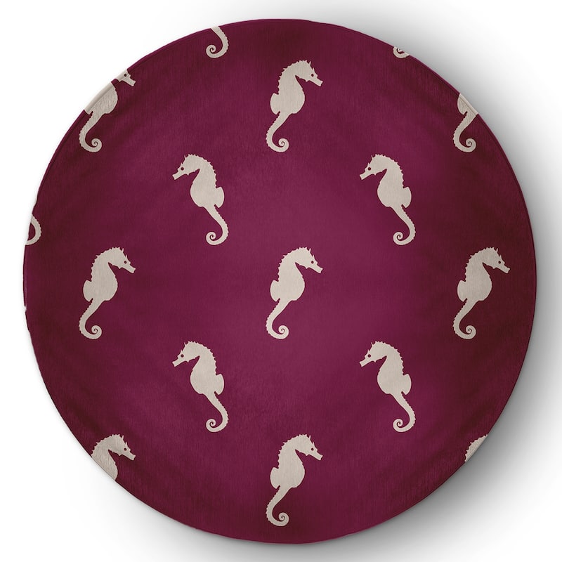Sea Horses Beach Style Chenille Area Rug - Maroon Red - 5' Round