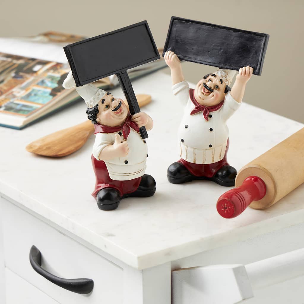 White Polystone Kitchen Decorative Figurine Chef Decorative Sculpture with Chalkboard Signs (Set of 2)