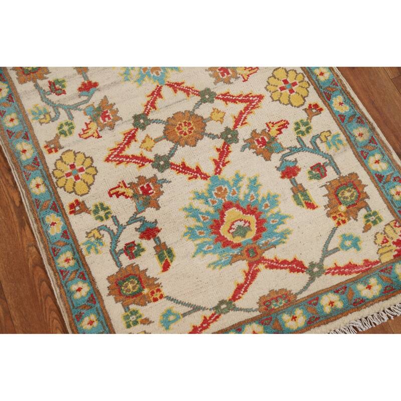 Floral Kazak Oriental Foyer Rug Hand-Knotted Beige Wool Carpet - 2'0" x 3'0"