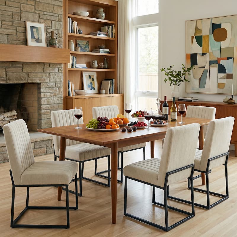 Mid Century Modern Dining Chair with Black Metal Legs - Set of 6 - Beige