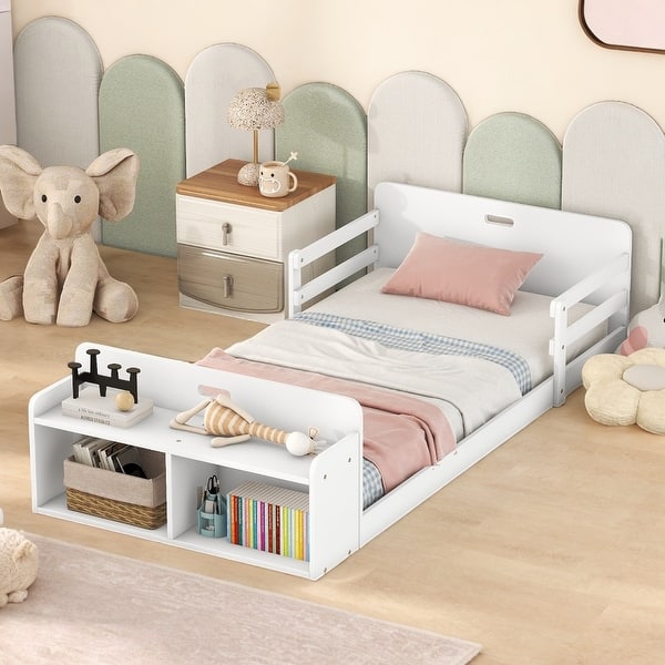 slide 2 of 13, Twin Size Floor Kids Bed Frame with Storage Footboard and Guardrail, Grey White