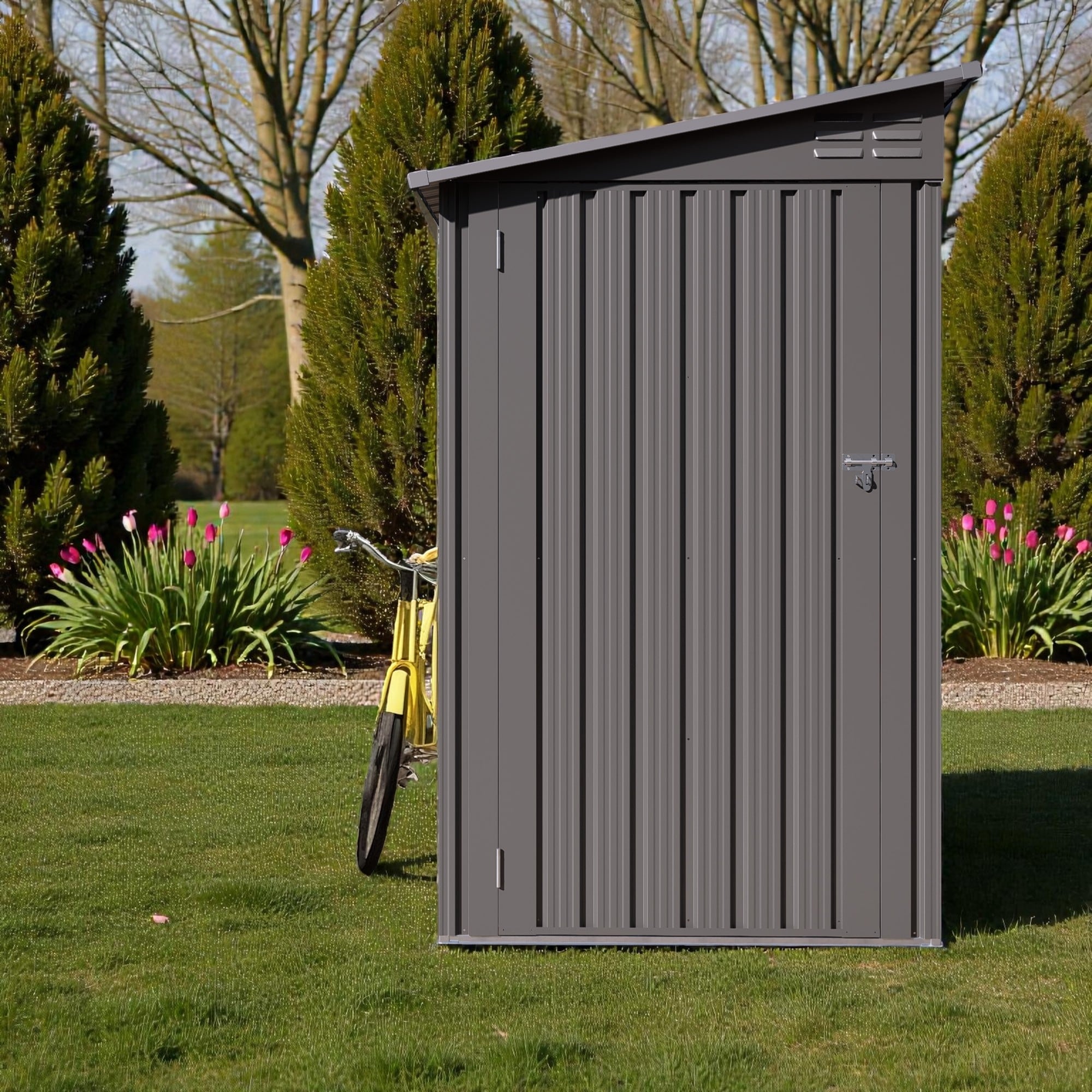 4x9 FT Lean To Metal Storage Shed with Windows, Sloped Roof, 2 Vents and Side Door, Outdoor Garden Tool Shed