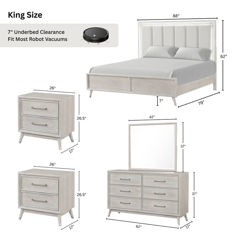 Roundhill Furniture Seluna 5-Piece Bedroom Set with Touch LED Lighting, Gray Oak Finish