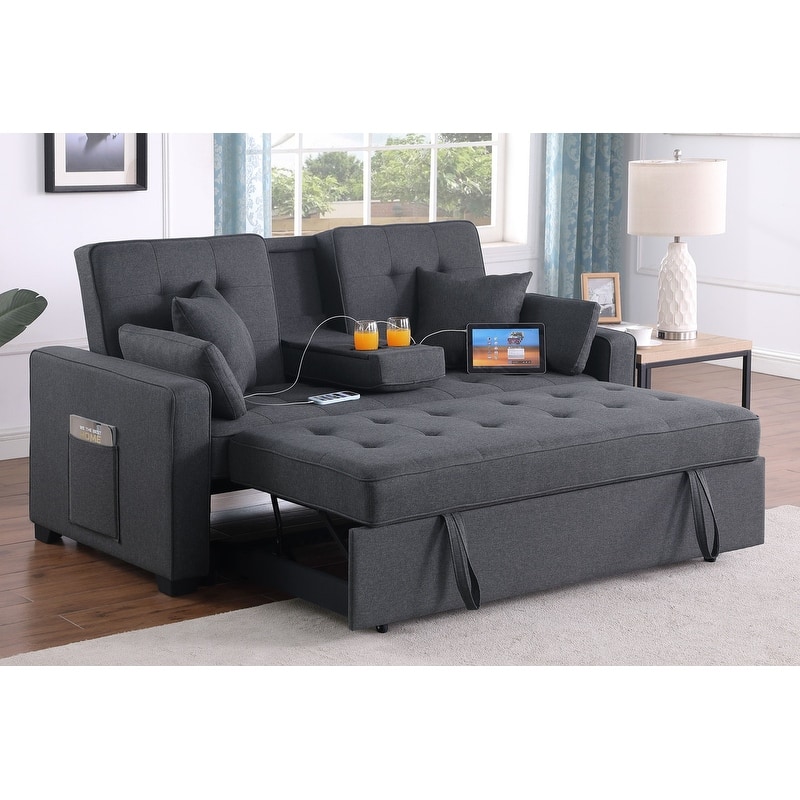 Cody II 70"W Convertible Sleeper Loveseat with Dropdown Console, Cup Holders, Charging Ports, Pocket, and Pocket Coil Seating - Dark Gray Linen