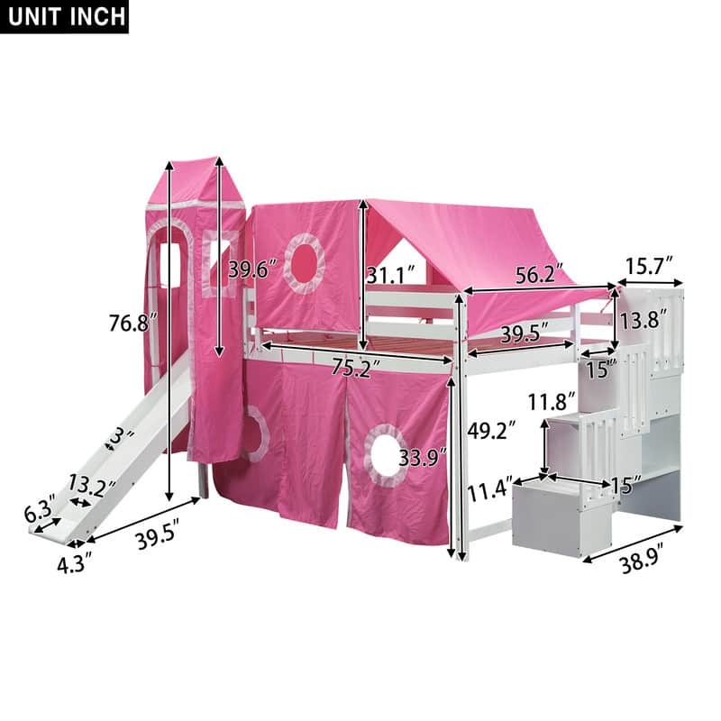 Full Size Playhouse Loft Bed with Tent and Tower For Kids, Pink Bed
