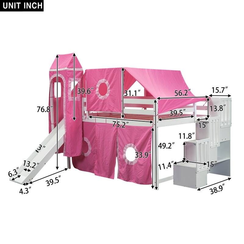 Wooden Full Size Loft Bed with Tent and Tower