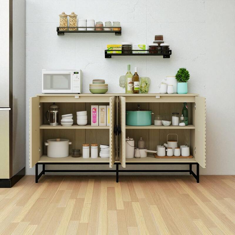 59" Modern 4-Door Sideboard Buffet Cabinet with Adjustable Shelves and Carved Doors for Kitchen or Entryway