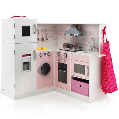 Corner Play Kitchen Wooden Toy Set with Sound and Light - 33.5" x 33" x 33.5"(L x W x H)