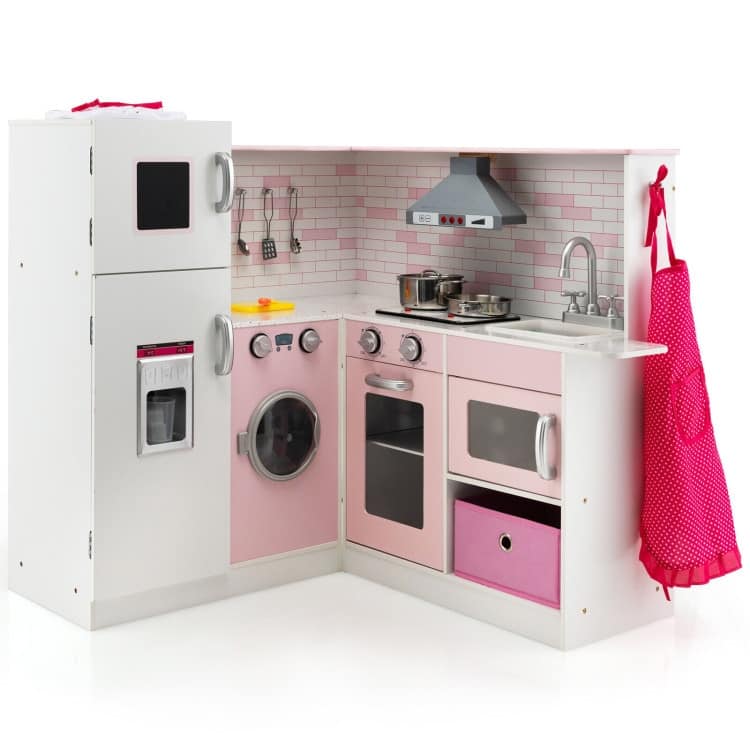 Corner Play Kitchen Wooden Toy Set with Sound and Light - 33.5" x 33" x 33.5"(L x W x H)