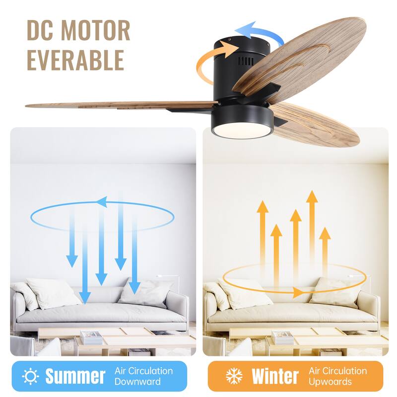 56 Inch Flush Mount Ceiling Fan with Light, Remote LED Ceiling Fan Lights with 3 Solid Wood Blades, Reversible DC Motor