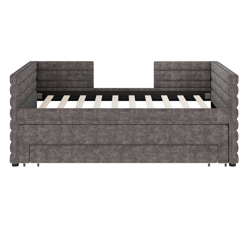 Twin Size Upholstered Daybed with Trundle and 3 Storage Drawers, Chenille Fabric Sofa Bed, Space-Saving Modern Day Bed Frame