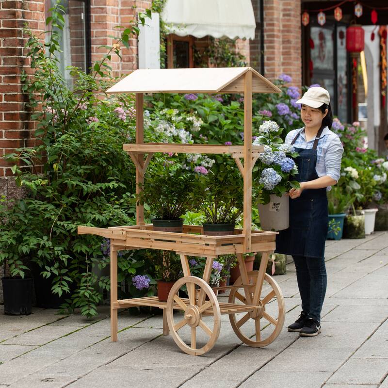 Wooden Rolling Table Cart with 2 Wheels Wagon with Shelves for Display Rack