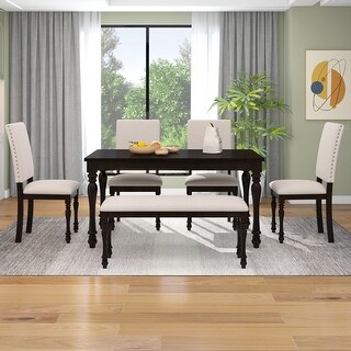 6-Piece Wood Dining Table Set Rectangular Table with Turned Legs, 4 ...