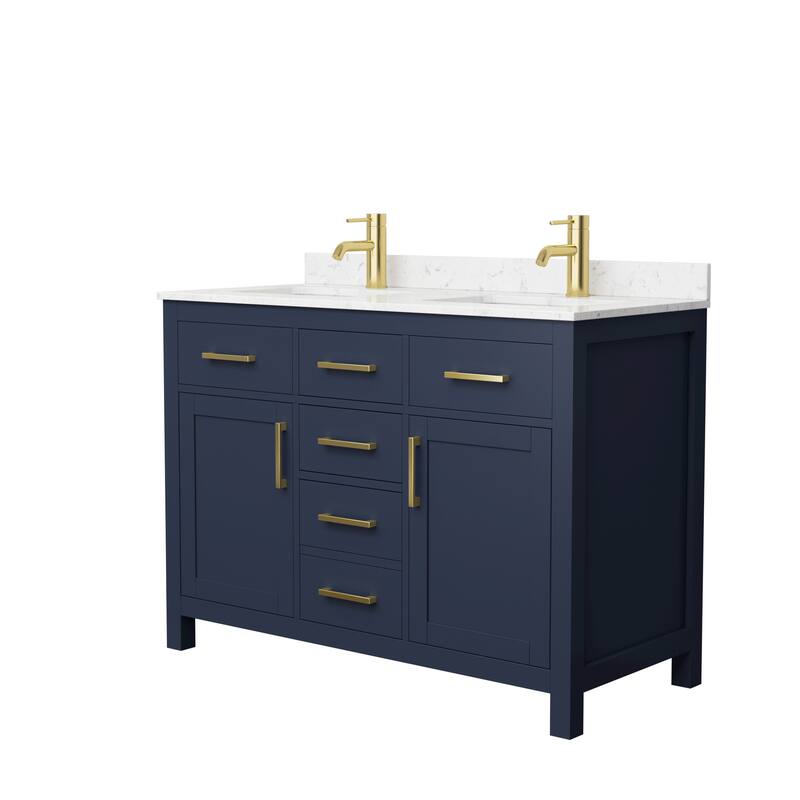Beckett 48 Inch Double Vanity, Cultured Marble Top - Dark Blue, Gold Trim, Carrara Cultured Marble Top
