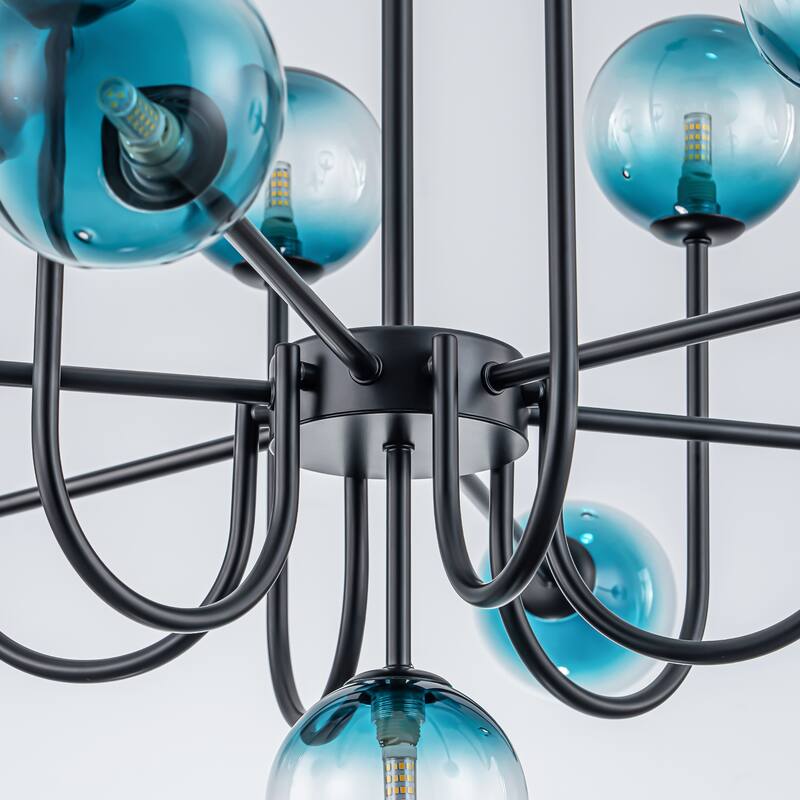13-Light Mid-Century Modern Gold/Black Linear Sputnik Gradient Blue Glass Globe Bubble Chandelier for Living Room