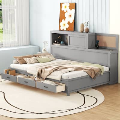 Gray Full Size Wooden Daybed with 3 Storage Drawers,Upper Soft Board and USB Ports for Bedroom