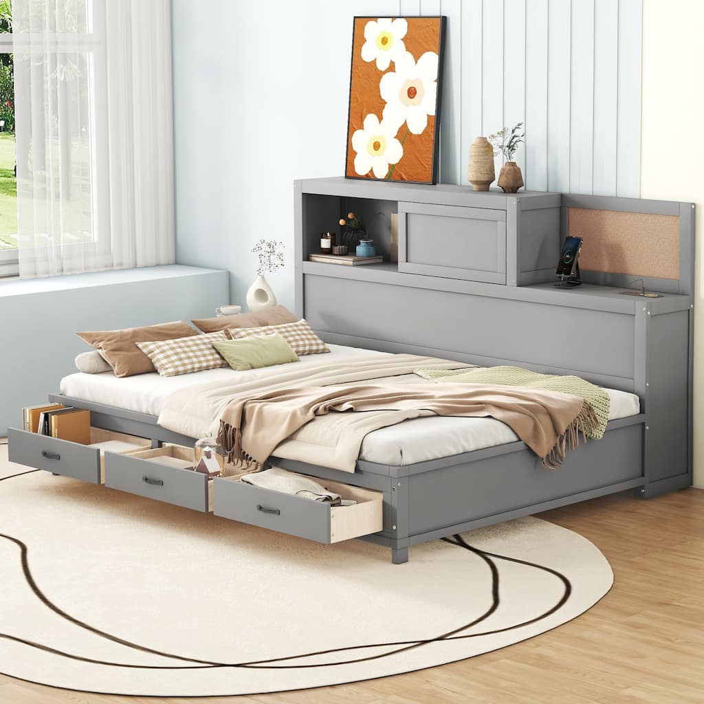 Gray Full Size Wooden Daybed with Three Storage Drawers, Soft Board, and USB Ports