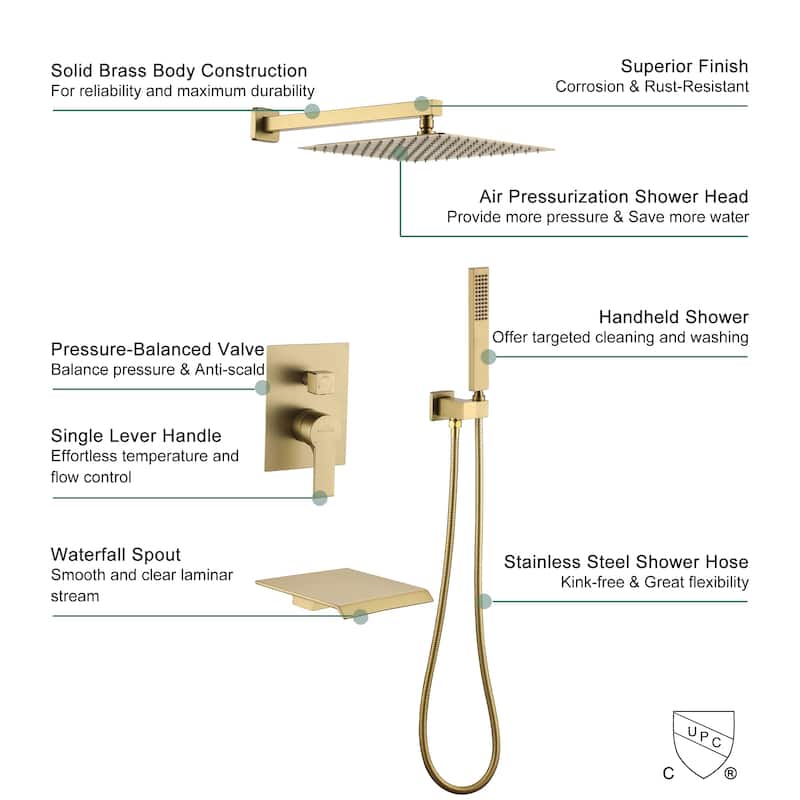 3-Function Wall Mount Shower Faucet with 12 in. Fixed shower head