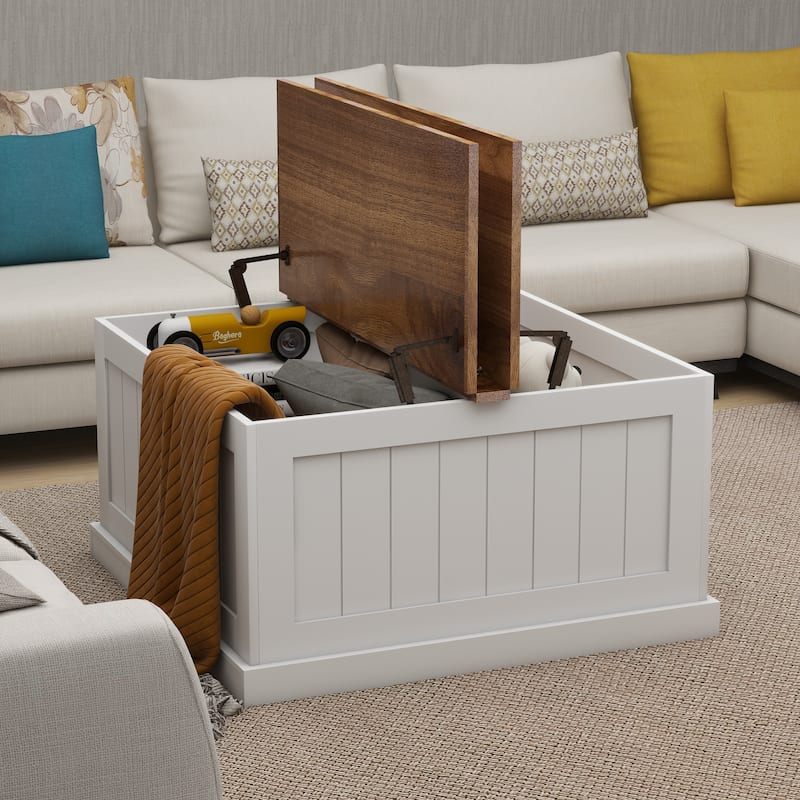 Anmytek Farmhouse Coastal Lift Top Coffee Table Rustic Wood White Storage Organizer