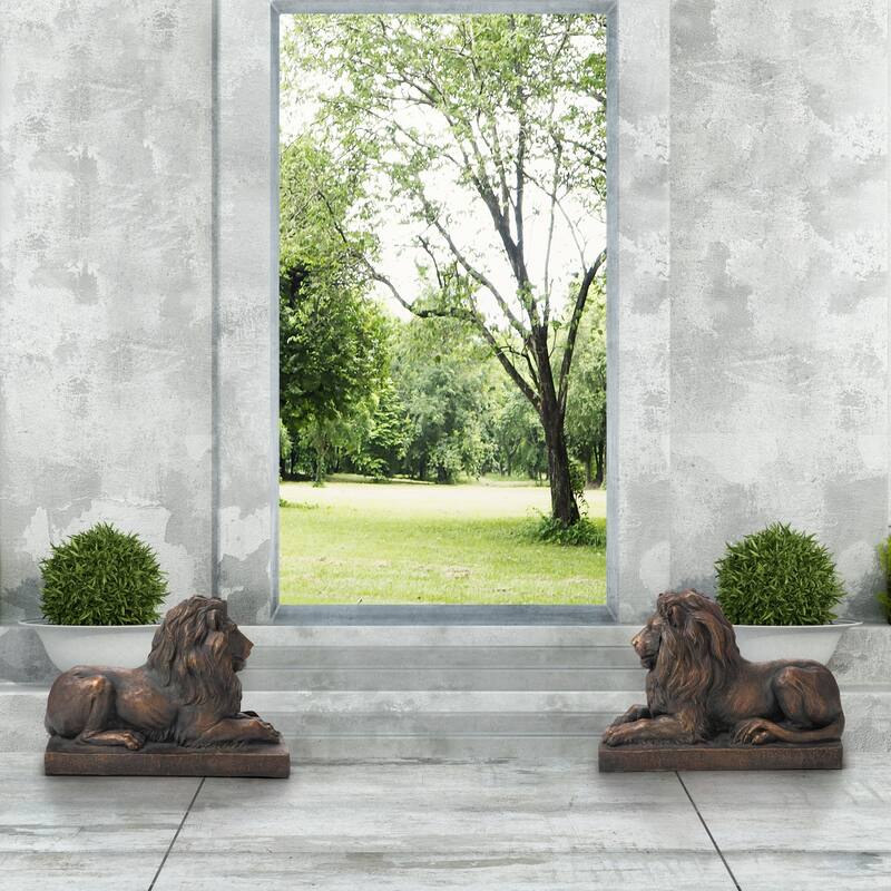 Glitzhome Set of 2 MgO Majestic Walking & Lying Guardian Lion Statues Porch Sculpture Indoor Outdoor
