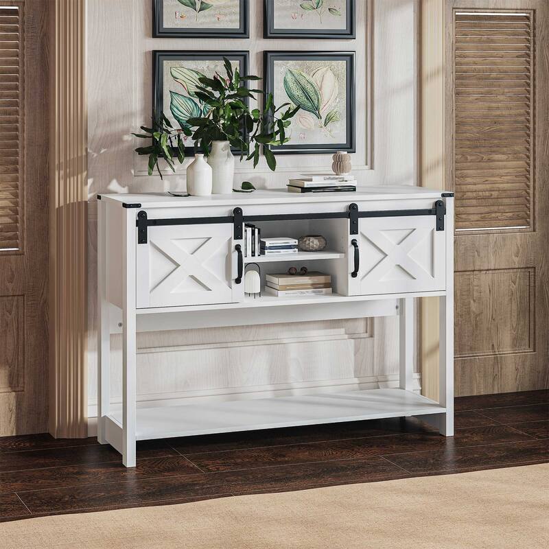 46" Console Table with Sliding Barn Door - White