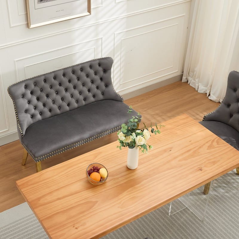 Velvet Double Dining Loveseat Bench, 2-Seat Tufted Bench w/Handmade Buttons, Wing Back, Gold-Plated Steel Legs,Single Pack