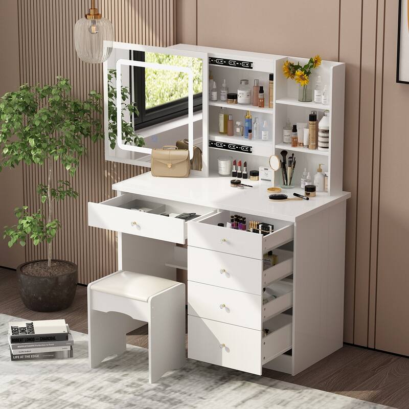 39.4'' Make up Vanity Set with Stool Mirror Hidden Storage Touch Light