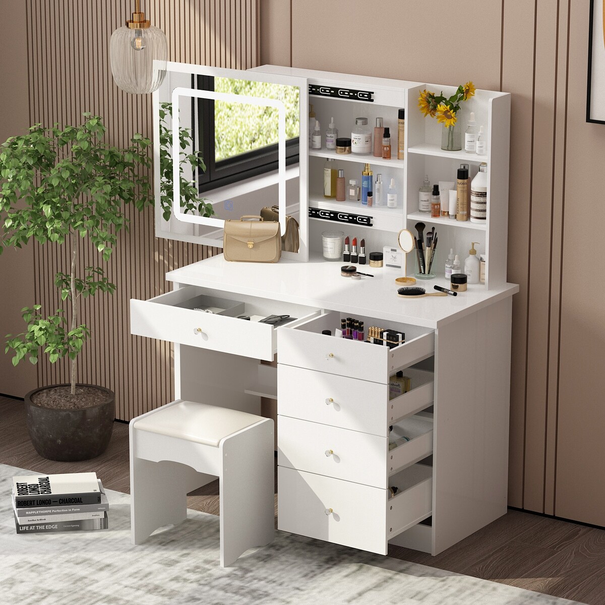 Vanity set with clearance hidden mirror storage