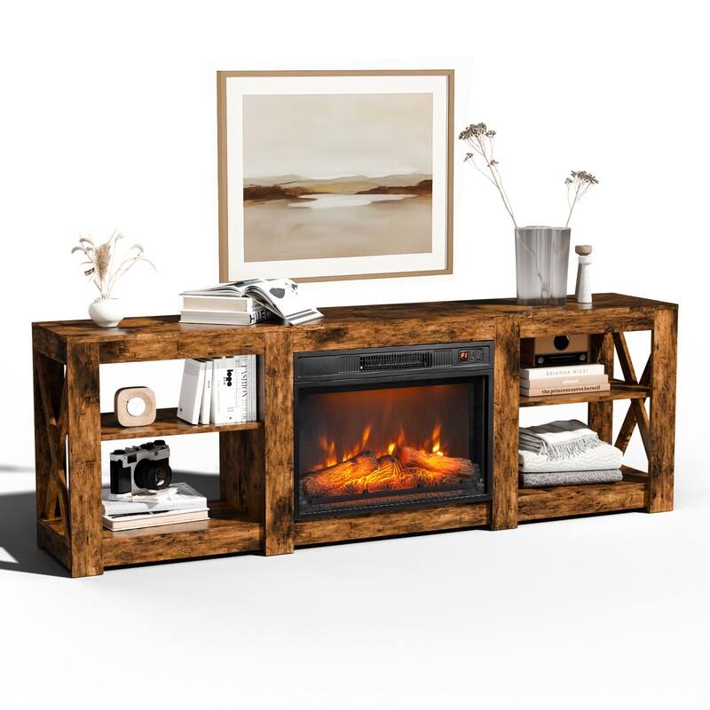 Farmhouse 70'' TV Stand For Tvs Up To 70'' With 23'' Electric Fireplace and Adjustable Shelves