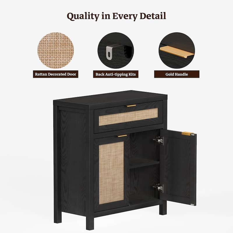 SICOTAS Farmhouse Rattan Sideboard Storage Cabinet with Drawer - N/A