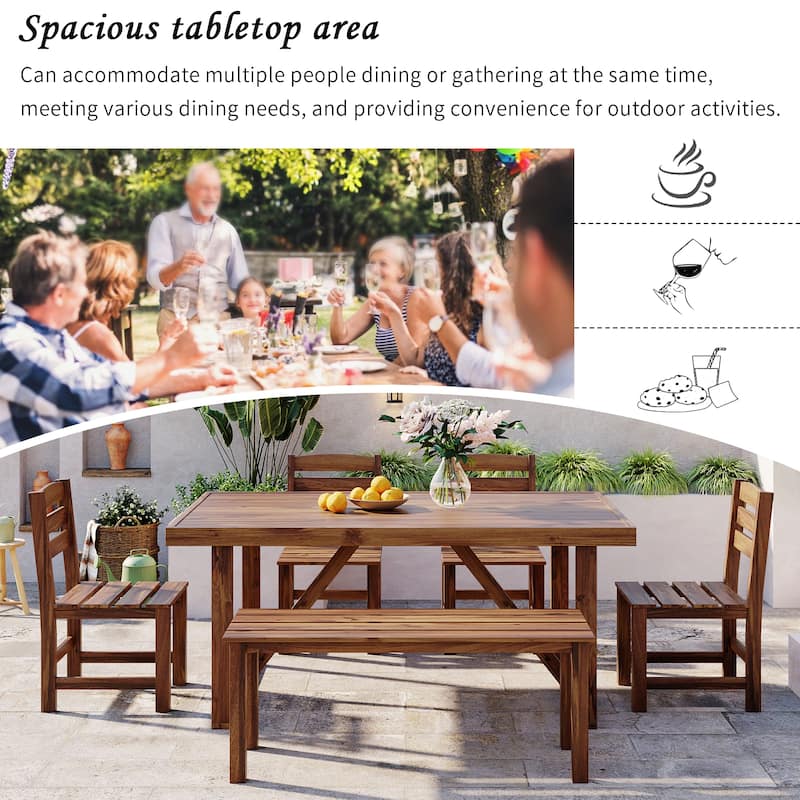 Roomfitters 6-Piece Acacia Wood Outdoor Dining Set with Bench and 4 Chairs, Rectangular Table for Patio and Backyard