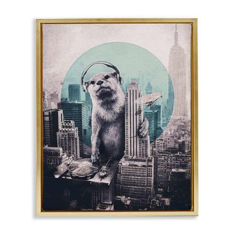 Stupell DJ Otter over Cityscape Framed Floater Canvas Wall Art Design By Ali Gulec - 25 x 31 - Gold